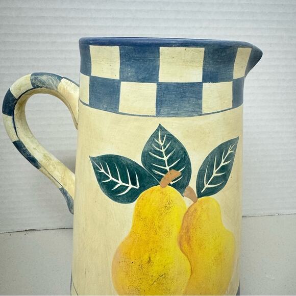 Vintage Farmhouse Style Pear Checkered Pottery Pitcher Decor 90s Sara Scott - Picture 2 of 10
